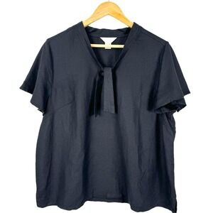 C.J. Banks Tie Neck Blouse Womens 3X Black Flutter Short Sleeve Business Linen